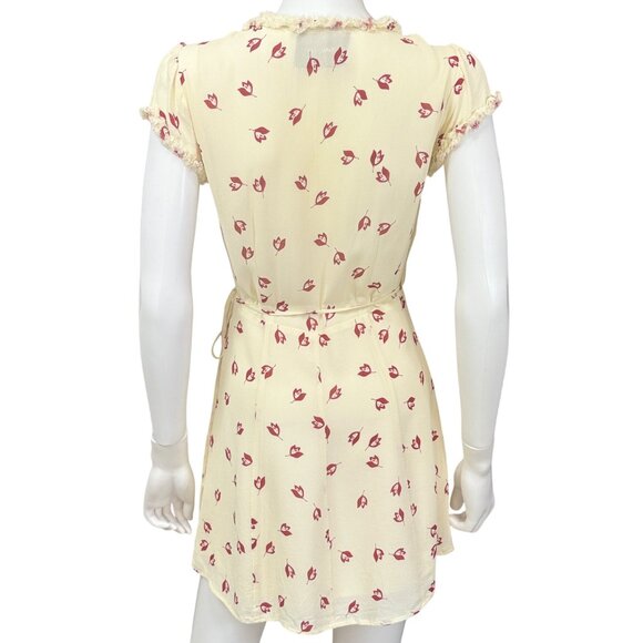 Reformation Wrap Dress Womens S Cream Red Floral Frayed Trim Viscose Short Sleev - Picture 2 of 6
